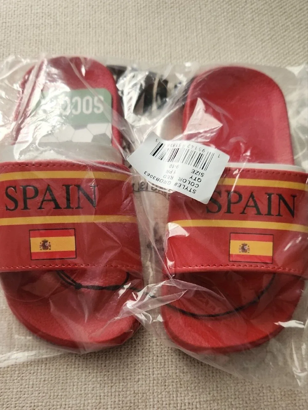 Kids Red Spain Graphic Slide Sandals Soccer Size 9-10